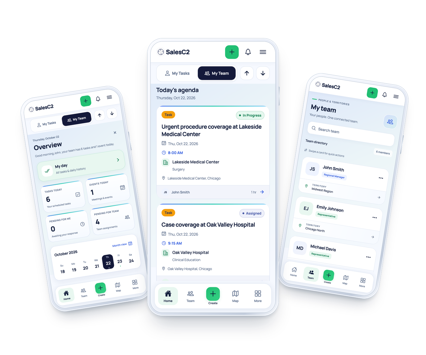 SalesC2 mobile web preview showing the team overview, shared agenda and team directory with fictional demo names and assignments